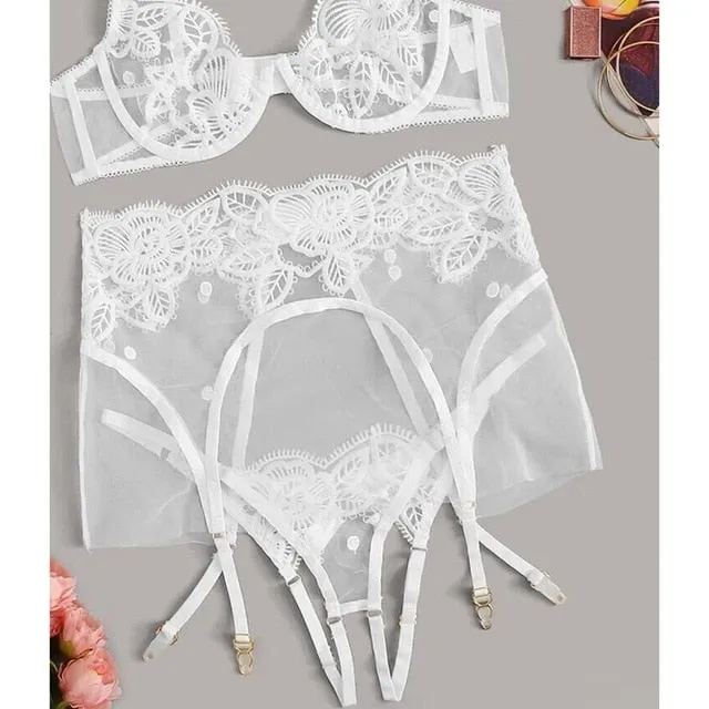 3PCS Set Women's Sexy Lingerie Babydoll Underwear Lace V neck Bra High waist Garter Belt G-string Sets Nightwear