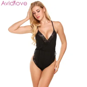 Avidlove Women Sexy Lingerie V -Neck Lace-Trim Sexy Romper Bodysuit Nightgown One Teddy Halter Women Sleepwear Nightwear