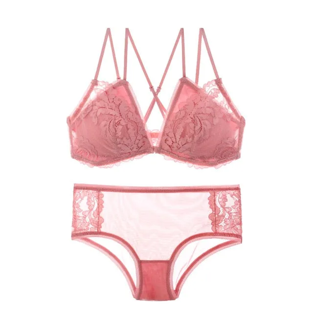 CINOON French Lace Front Closure Bra And Panties Set Women Sexy Lingerie Set Wire Free Bralette Embroidery Underwear Brassiere