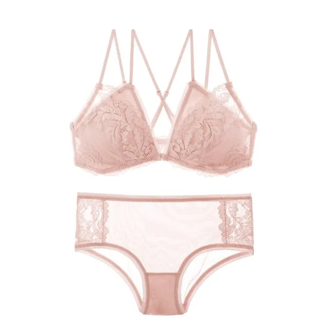 CINOON French Lace Front Closure Bra And Panties Set Women Sexy Lingerie Set Wire Free Bralette Embroidery Underwear Brassiere