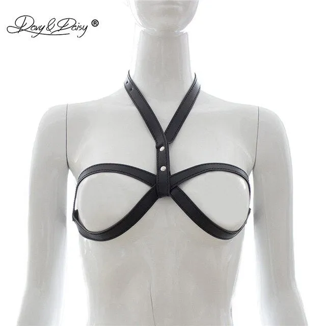 DAVYDAISY Women Sexy Bra PU Leather Open Bust Bralette Porn Intimates Sexy Lingerie Cropped Top Underwear Female Bras BR502