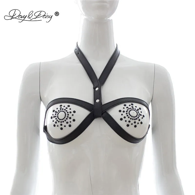 DAVYDAISY Women Sexy Bra PU Leather Open Bust Bralette Porn Intimates Sexy Lingerie Cropped Top Underwear Female Bras BR502