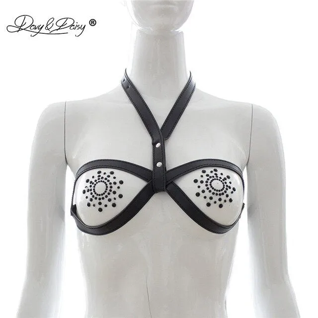 DAVYDAISY Women Sexy Bra PU Leather Open Bust Bralette Porn Intimates Sexy Lingerie Cropped Top Underwear Female Bras BR502