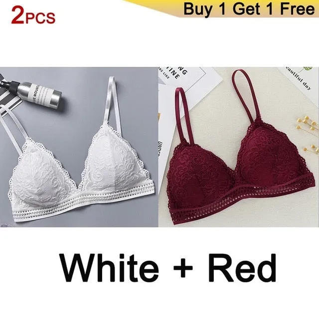DeRuiLaDy 2PCS French Style Bralette Seamless Deep V Lace Bra Wireless Thin Underwear Sexy Lingerie Soft Bras For Women Girl
