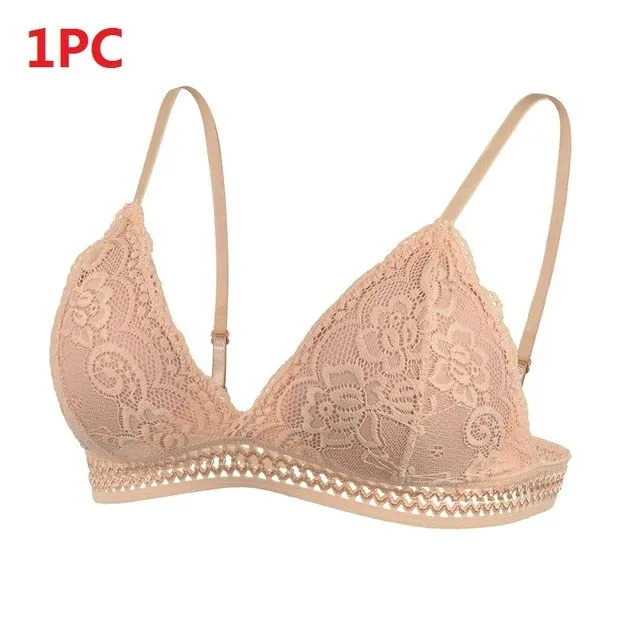 DeRuiLaDy 2PCS French Style Bralette Seamless Deep V Lace Bra Wireless Thin Underwear Sexy Lingerie Soft Bras For Women Girl