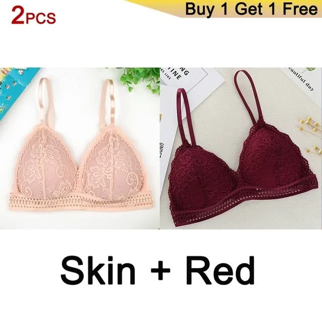 DeRuiLaDy 2PCS French Style Bralette Seamless Deep V Lace Bra Wireless Thin Underwear Sexy Lingerie Soft Bras For Women Girl