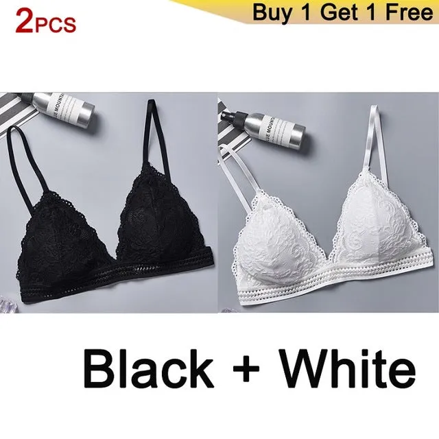 DeRuiLaDy 2PCS French Style Bralette Seamless Deep V Lace Bra Wireless Thin Underwear Sexy Lingerie Soft Bras For Women Girl