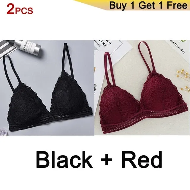 DeRuiLaDy 2PCS French Style Bralette Seamless Deep V Lace Bra Wireless Thin Underwear Sexy Lingerie Soft Bras For Women Girl