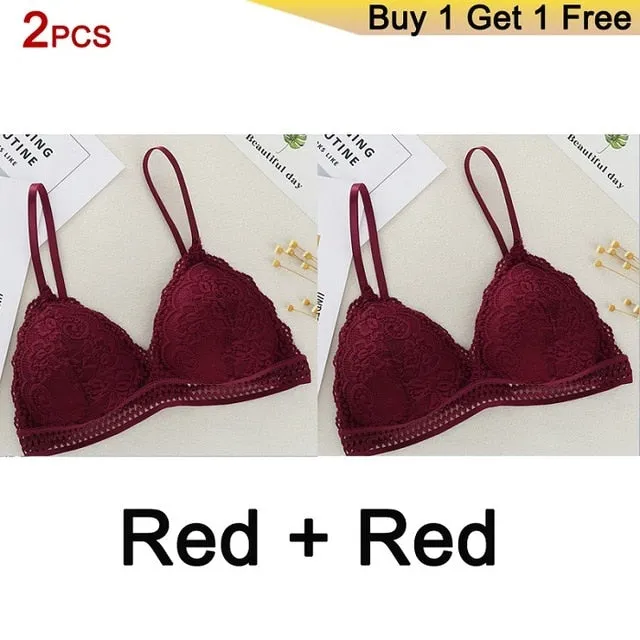 DeRuiLaDy 2PCS French Style Bralette Seamless Deep V Lace Bra Wireless Thin Underwear Sexy Lingerie Soft Bras For Women Girl