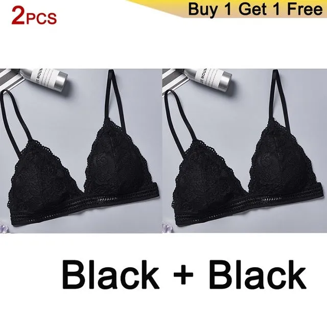 DeRuiLaDy 2PCS French Style Bralette Seamless Deep V Lace Bra Wireless Thin Underwear Sexy Lingerie Soft Bras For Women Girl