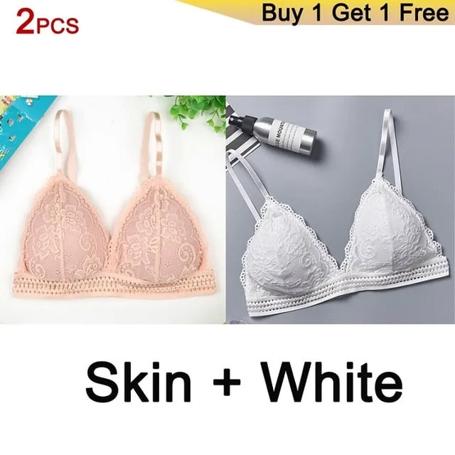 DeRuiLaDy 2PCS French Style Bralette Seamless Deep V Lace Bra Wireless Thin Underwear Sexy Lingerie Soft Bras For Women Girl