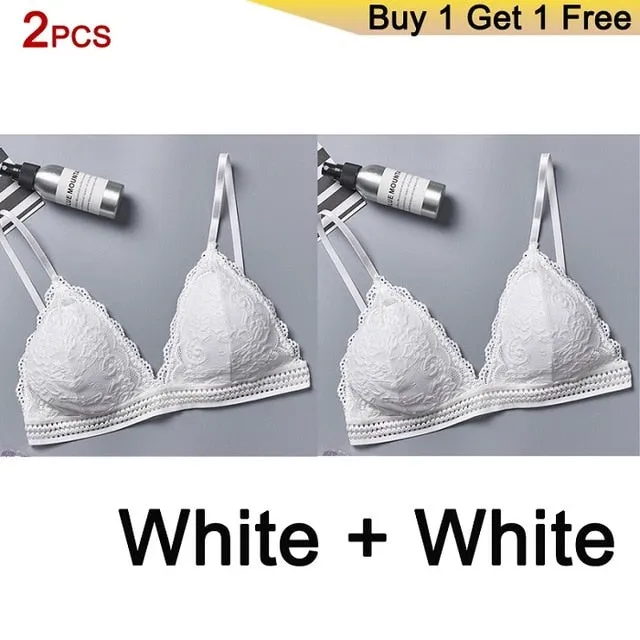 DeRuiLaDy 2PCS French Style Bralette Seamless Deep V Lace Bra Wireless Thin Underwear Sexy Lingerie Soft Bras For Women Girl