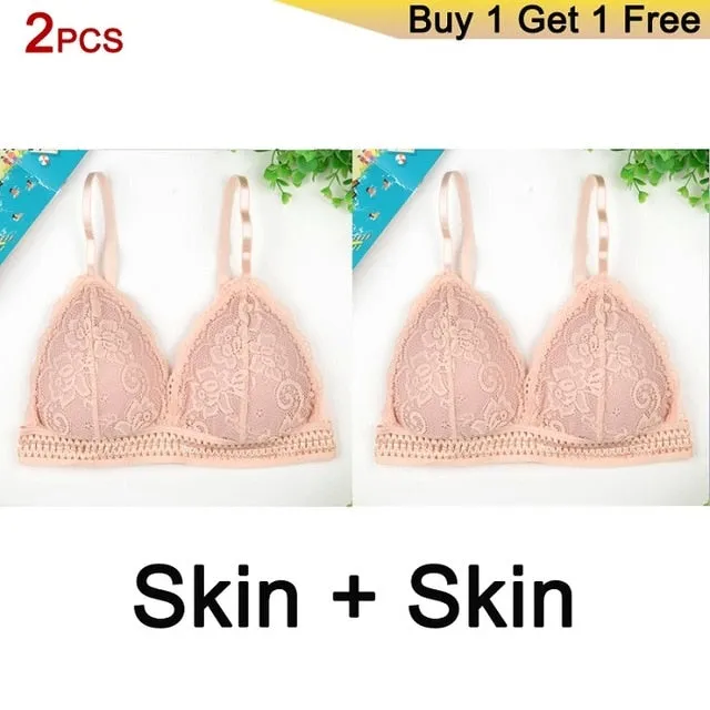 DeRuiLaDy 2PCS French Style Bralette Seamless Deep V Lace Bra Wireless Thin Underwear Sexy Lingerie Soft Bras For Women Girl