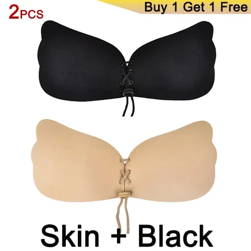 DERUILADY Strapless Invisible Bra Sexy Seamless Push Up Silicone Bras For Women Skin Black Sexy Lingerie Drawstring Bralette