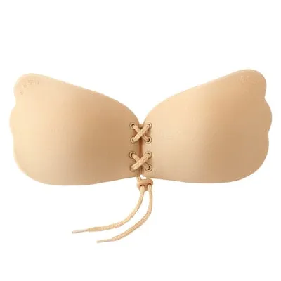 DERUILADY Strapless Invisible Bra Sexy Seamless Push Up Silicone Bras For Women Skin Black Sexy Lingerie Drawstring Bralette