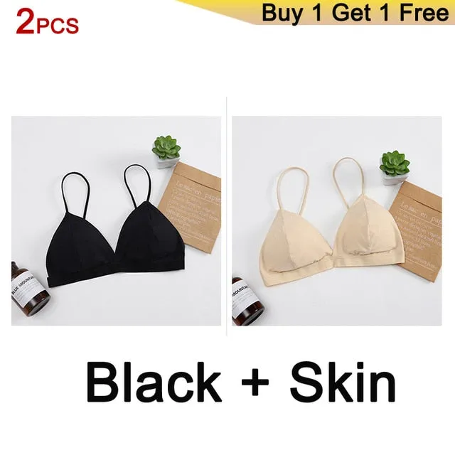 GUMPRUN 2Pcs Seamless Soft Bras for Women Thin Strap Wireless Push Up Bra Backless Comfort Underwear Bralette Sexy Lingerie