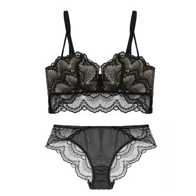 Lace Double Push Up Bra And Panties Sets Longline Plus Size Brassiere Women Black Underwear Sexy Lingerie Set Japanese Rimless