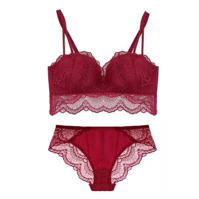 Lace Double Push Up Bra And Panties Sets Longline Plus Size Brassiere Women Black Underwear Sexy Lingerie Set Japanese Rimless
