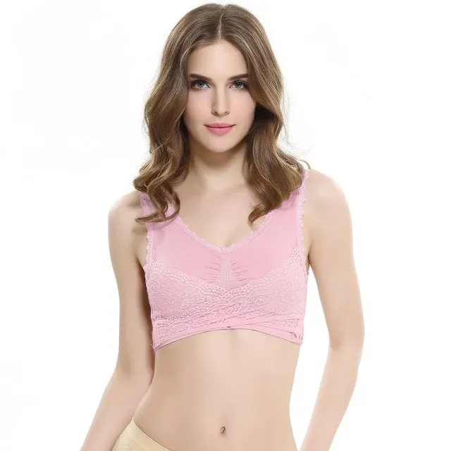 M-3XL Women Underwear Sexy Lingerie Lace Solid Color Cross Side Buckle Wireless Push up Breathable Sleep Sports Bra 