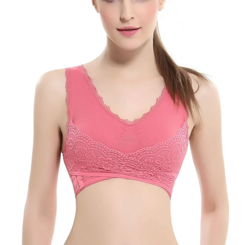 M-3XL Women Underwear Sexy Lingerie Lace Solid Color Cross Side Buckle Wireless Push up Breathable Sleep Sports Bra 