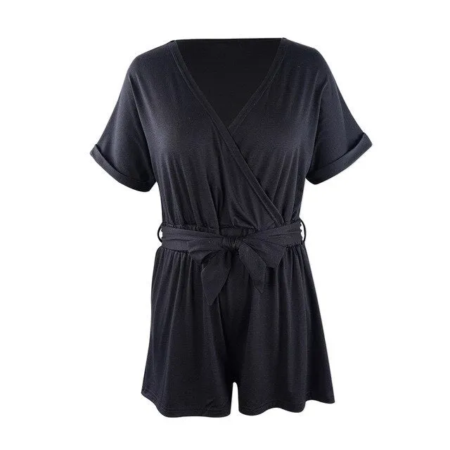Neatie kiddie Solid Modern Lady Summer Women Rompers Onesies Sleepwear V-neck Short Sleeve Sashes Sexy Lingerie Romper