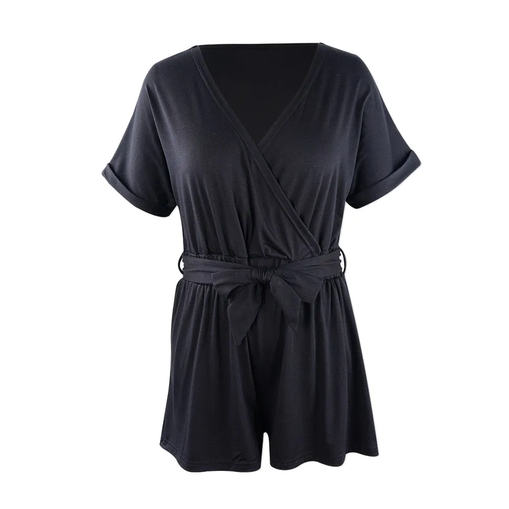 Neatie kiddie Solid Modern Lady Summer Women Rompers Onesies Sleepwear V-neck Short Sleeve Sashes Sexy Lingerie Romper