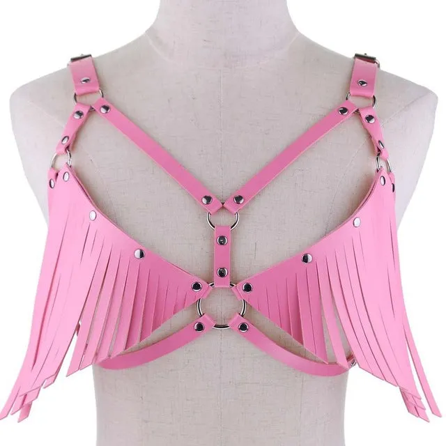 Punk Women Sexy Lingerie Micro Thin Bikini Lace Exotic Sex Apparel Open Cup Bra Tassels PU Leather Sleepwear Erotic Sex Costume