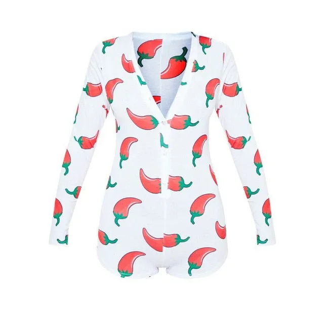 Sexy Women Stretch Button Deep V Neck Bodycon Sexy Lingerie Long Sleeve Print Sleepwear Jumpsuit Romper Bodysuit Leotard