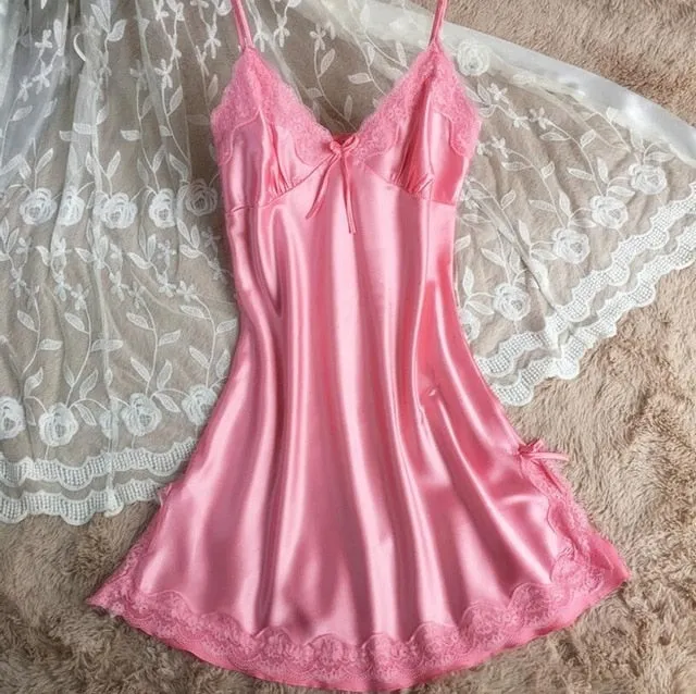 Summer Women Sleepwear Silk Nighty Nightdress Sexy Lingerie Nightgown Lady Off Shoulder Nightwear Female Night Home Cloth Dress