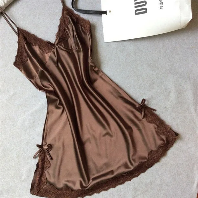 Summer Women Sleepwear Silk Nighty Nightdress Sexy Lingerie Nightgown Lady Off Shoulder Nightwear Female Night Home Cloth Dress