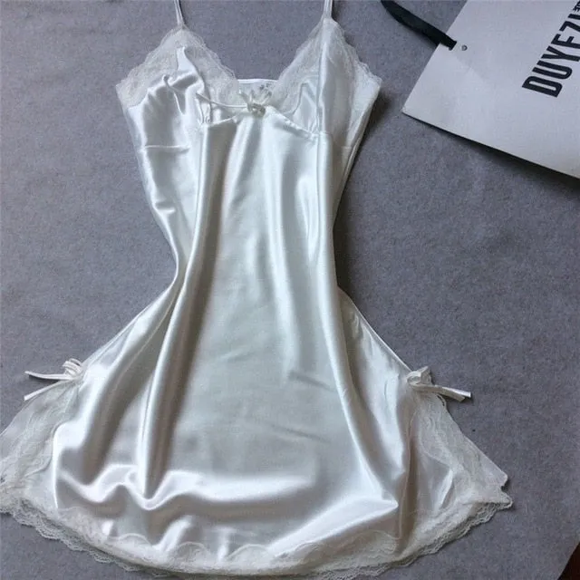 Summer Women Sleepwear Silk Nighty Nightdress Sexy Lingerie Nightgown Lady Off Shoulder Nightwear Female Night Home Cloth Dress