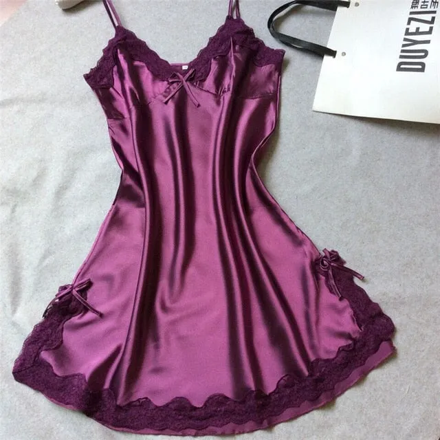Summer Women Sleepwear Silk Nighty Nightdress Sexy Lingerie Nightgown Lady Off Shoulder Nightwear Female Night Home Cloth Dress