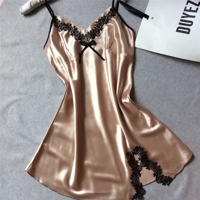 Summer Women Sleepwear Silk Nighty Nightdress Sexy Lingerie Nightgown Lady Off Shoulder Nightwear Female Night Home Cloth Dress