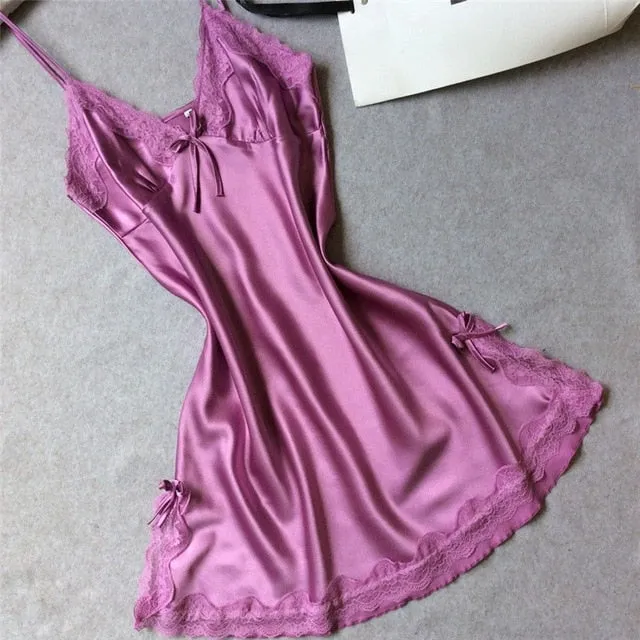 Summer Women Sleepwear Silk Nighty Nightdress Sexy Lingerie Nightgown Lady Off Shoulder Nightwear Female Night Home Cloth Dress