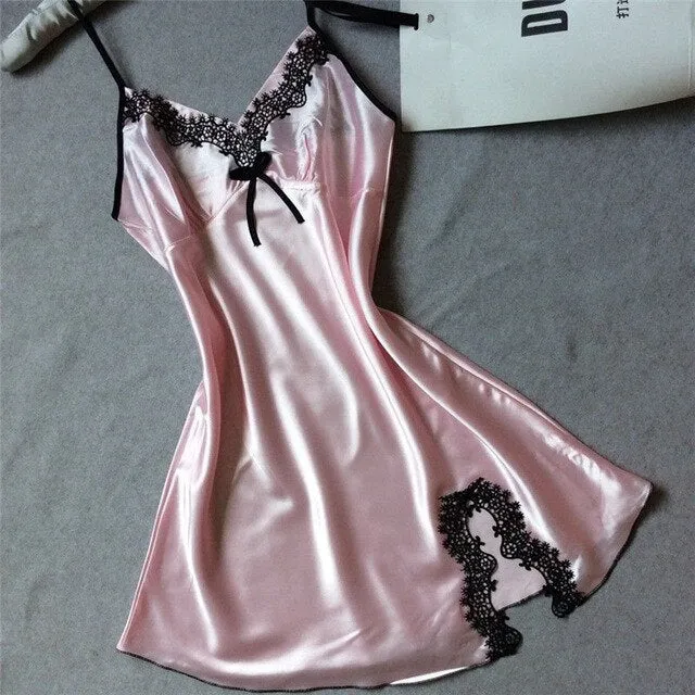 Summer Women Sleepwear Silk Nighty Nightdress Sexy Lingerie Nightgown Lady Off Shoulder Nightwear Female Night Home Cloth Dress