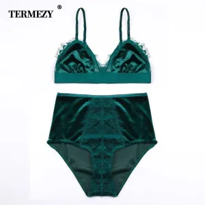 TERMEZY 2019 New Fashion Women Velvet Bra set Underwear High Waist Panties Soft Trim lingerie Set Push Up brassiere Bralette