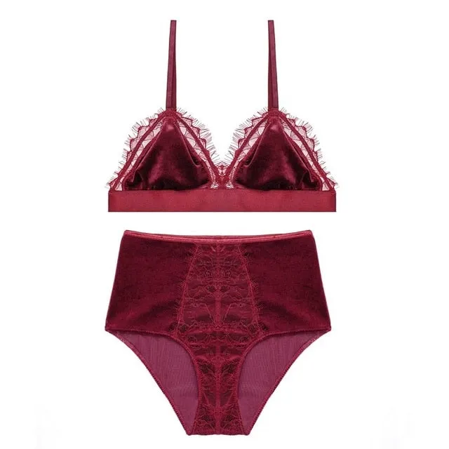 TERMEZY 2019 New Fashion Women Velvet Bra set Underwear High Waist Panties Soft Trim lingerie Set Push Up brassiere Bralette