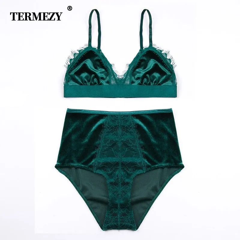 TERMEZY 2019 New Fashion Women Velvet Bra set Underwear High Waist Panties Soft Trim lingerie Set Push Up brassiere Bralette