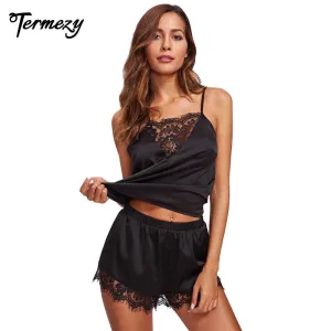 TERMEZY Sexy Lingerie Sleepwear Women Satin Lace Casual Loose Sleeveless Nightgown two pieces Pajama Set Plus Size Nightwear