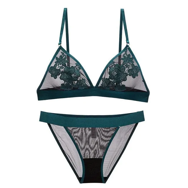 TERMEZY Women Bra set Embroidery Floral Lace underwear Thin brassiere Sexy Lingerie transparent bra set bralette set for women