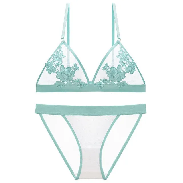 TERMEZY Women Bra set Embroidery Floral Lace underwear Thin brassiere Sexy Lingerie transparent bra set bralette set for women