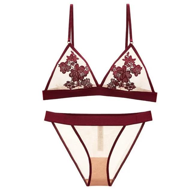 TERMEZY Women Bra set Embroidery Floral Lace underwear Thin brassiere Sexy Lingerie transparent bra set bralette set for women