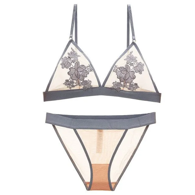 TERMEZY Women Bra set Embroidery Floral Lace underwear Thin brassiere Sexy Lingerie transparent bra set bralette set for women