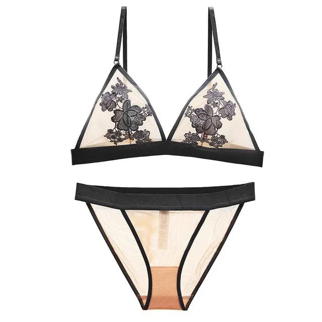TERMEZY Women Bra set Embroidery Floral Lace underwear Thin brassiere Sexy Lingerie transparent bra set bralette set for women