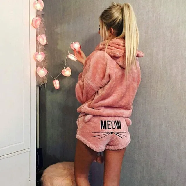 Women Pajamas Set Autumn Winter Warm Pyjamas Women Fleece Pijamas Women Sexy Lingerie Cat Pyjama Femme Sleepwear Sexy Nightwear