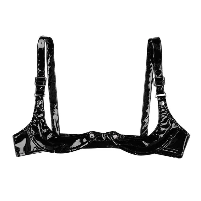 Womens Sexy Lingerie Bras for Nightclub Hot Erotic Wetlook Faux Leather Open Cup Bra Top Women Underwear Sex Clothes