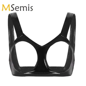 Womens Sexy Lingerie Wetlook Open Cups Bra for Women Clubwewar Faux Leather Bra Underwear Vest Tank Crop Tops Sleeveless Bra